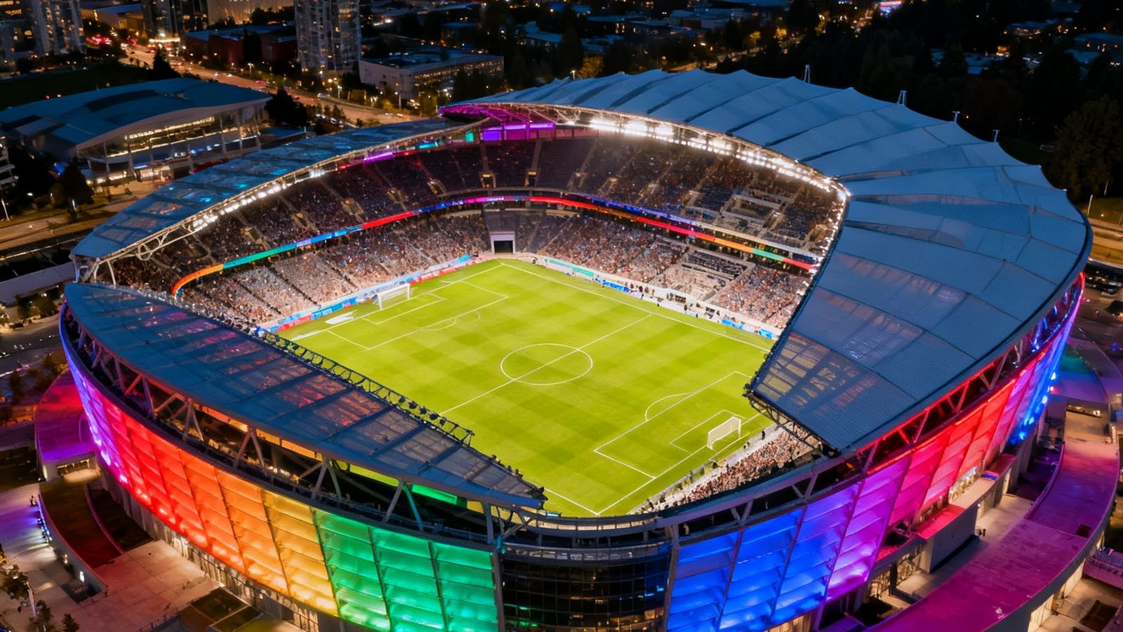 温哥华新建世界杯球场夜景灯光秀，可容纳6万人，屋顶可开启
